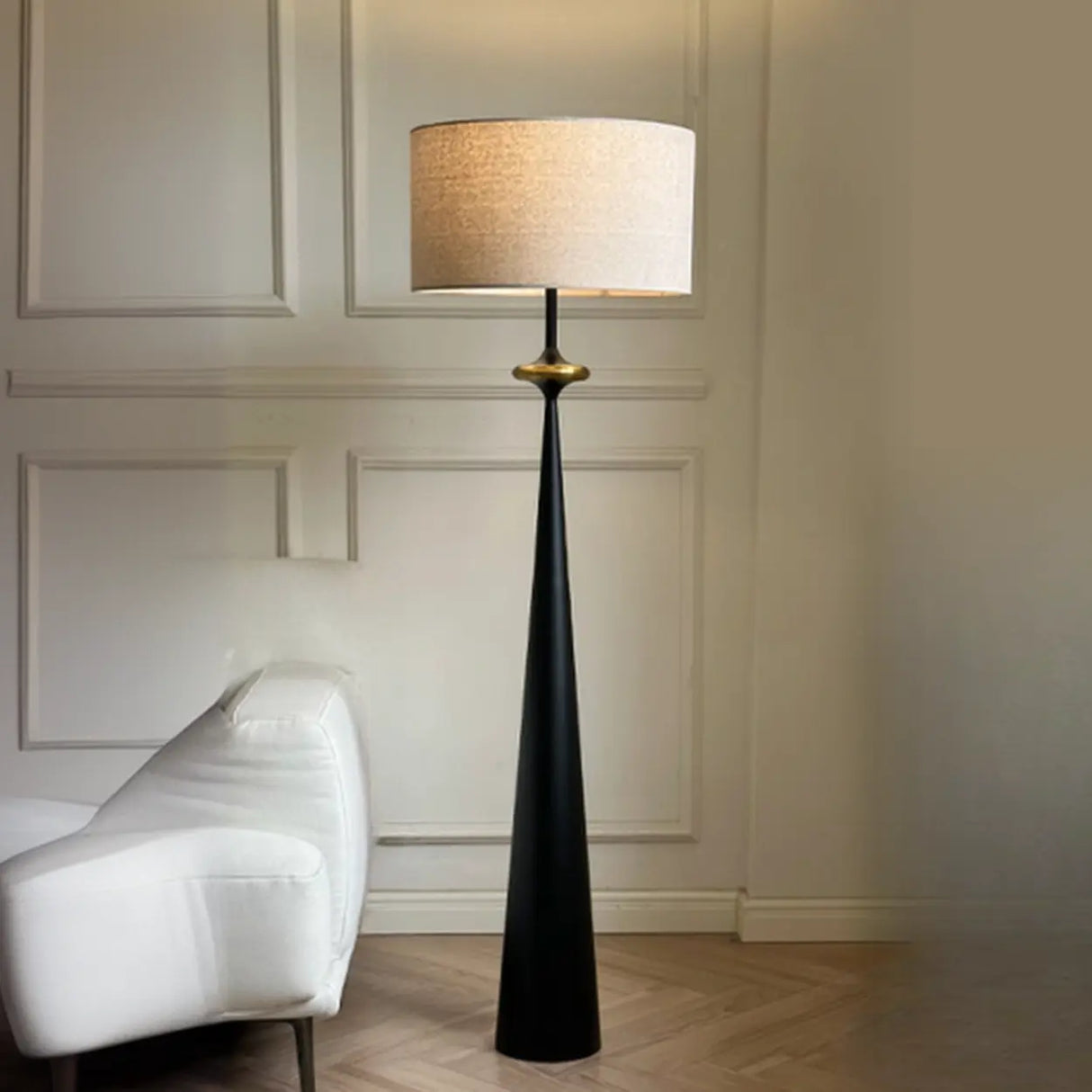 Mid-Century Modern Tapered Column Fabric Drum Floor Lamp Image - 2