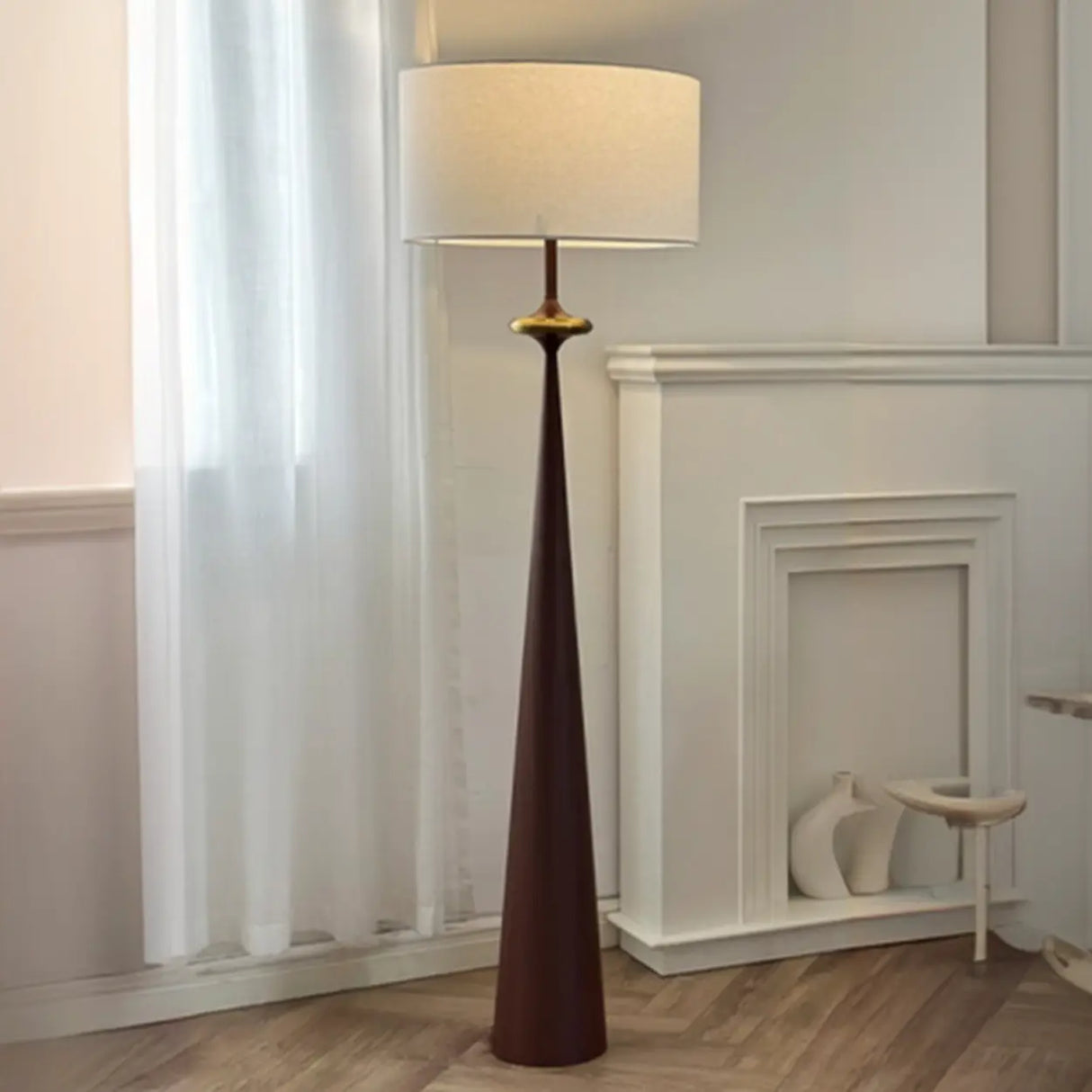 Mid-Century Modern Tapered Column Fabric Drum Floor Lamp Image - 3