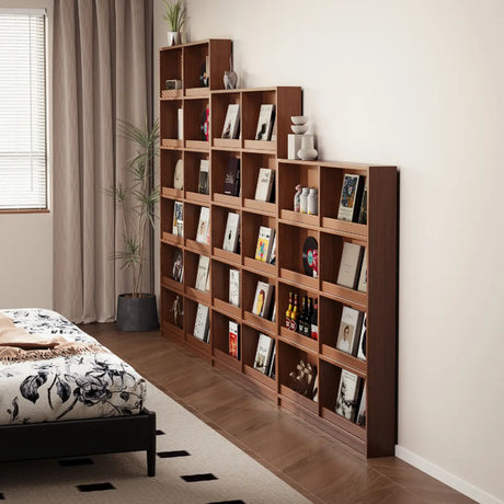 Mid-Century Modern Ultra-Slim Wood Brown Vertical Bookshelf Image - 1
