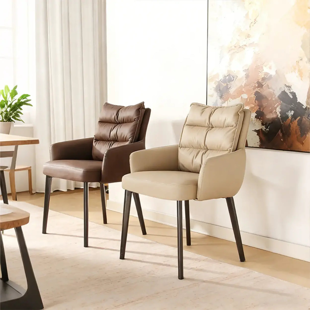 Mid-Century Modern Upholstered Faux Leather Arm Dining Chair Image - 4