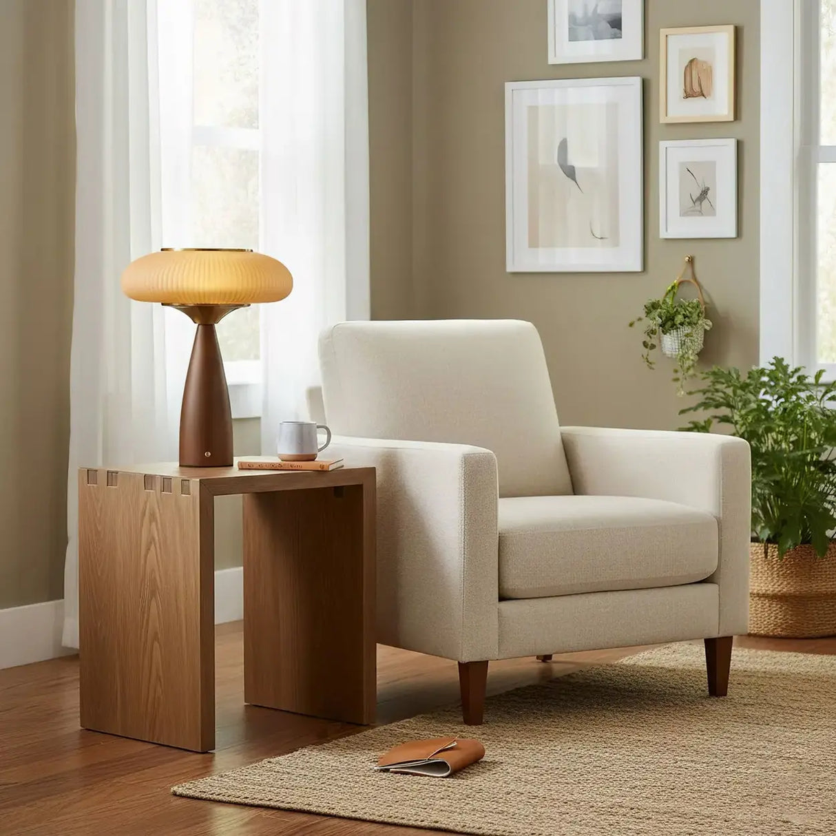 Mid-Century Modern USB Mushroom Amber Wood Table Lamp Image - 11