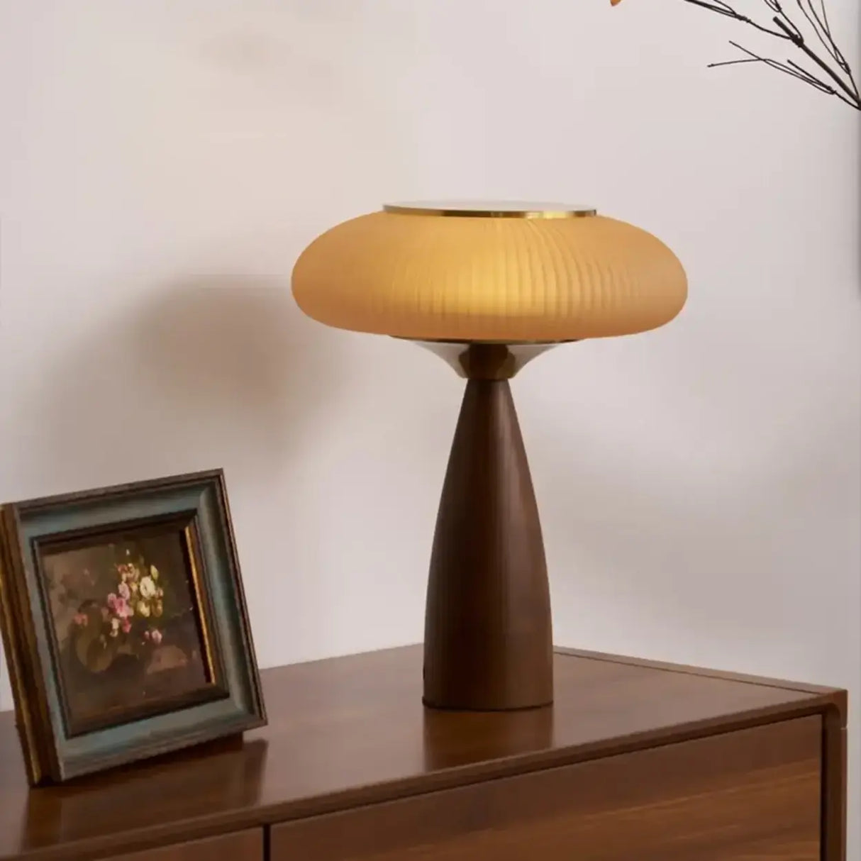 Mid-Century Modern USB Mushroom Amber Wood Table Lamp Image - 4