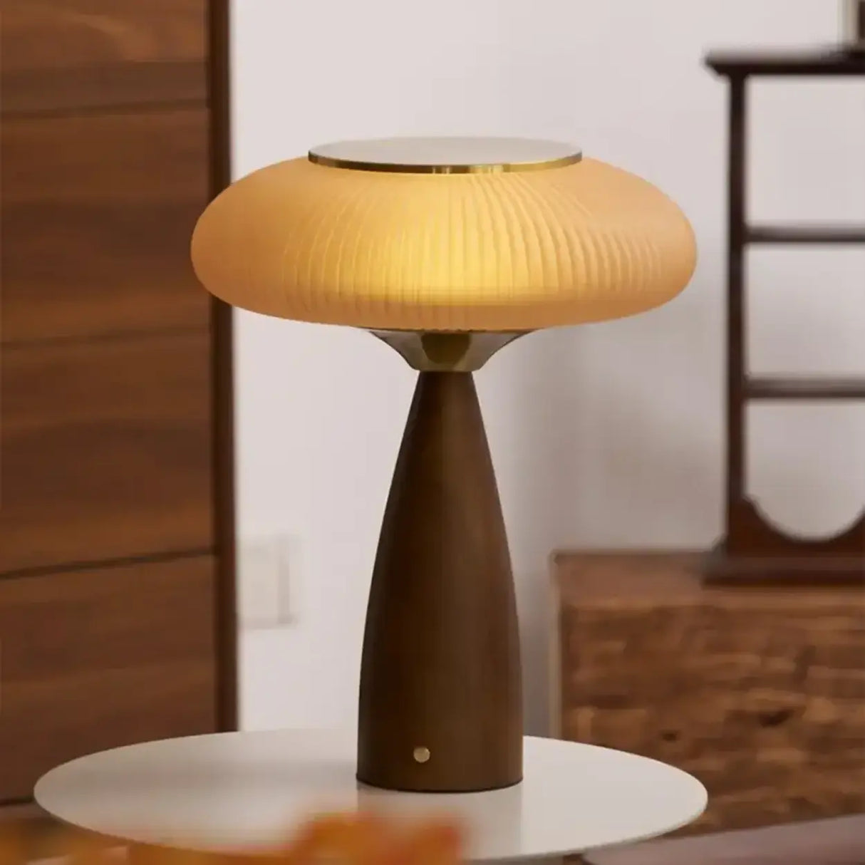 Mid-Century Modern USB Mushroom Amber Wood Table Lamp Image - 5