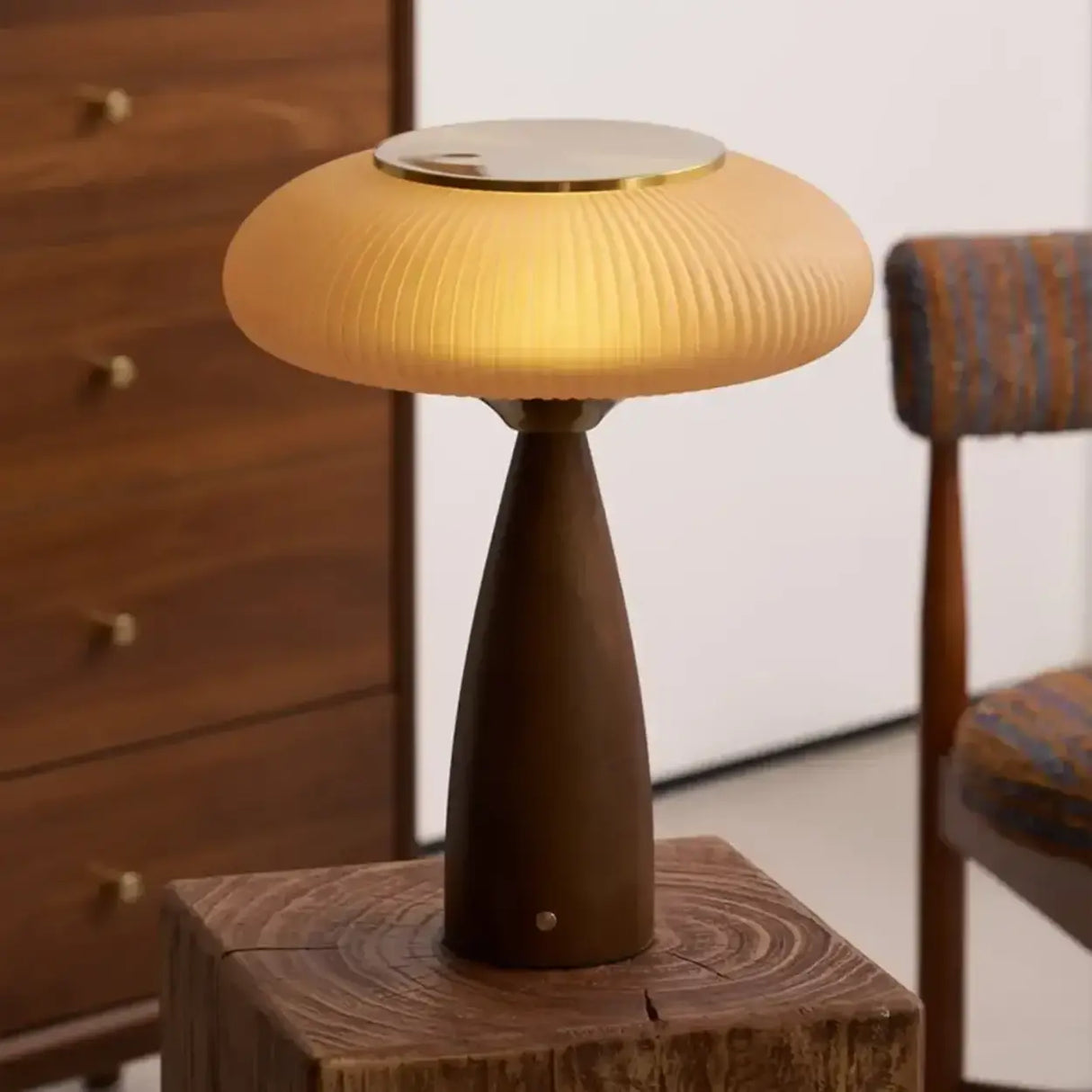 Mid-Century Modern USB Mushroom Amber Wood Table Lamp Image - 6