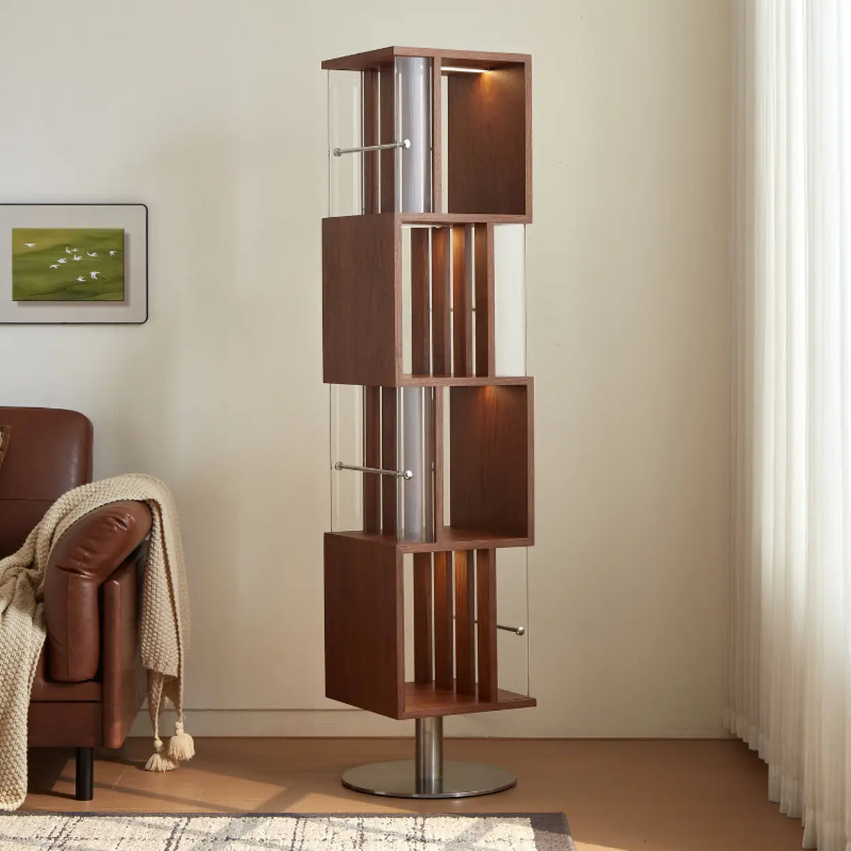 Mid-Century Modern Vertical Cube Tiered Wood Corner Bookshelf Image - 2