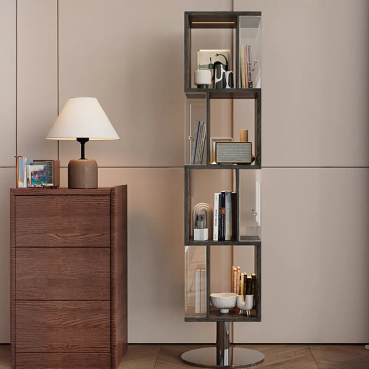 Mid-Century Modern Vertical Cube Tiered Wood Corner Bookshelf Image - 5