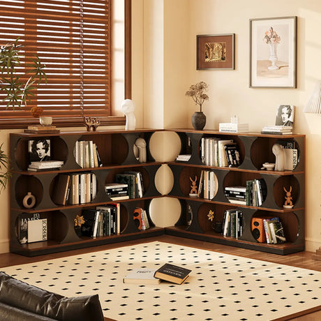 Mid-Century Modern Vertical Geometric Brown Wood Bookshelf Image - 1