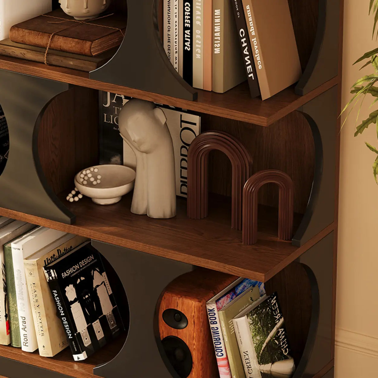 Mid-Century Modern Vertical Geometric Brown Wood Bookshelf Image - 6