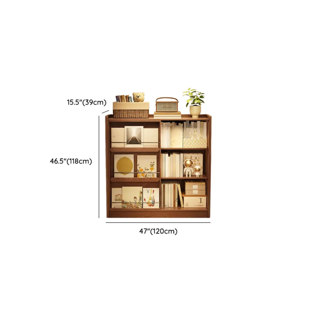 Mid-Century Modern Vertical Wood Sliding Door Tiered Bookshelf Image - 12