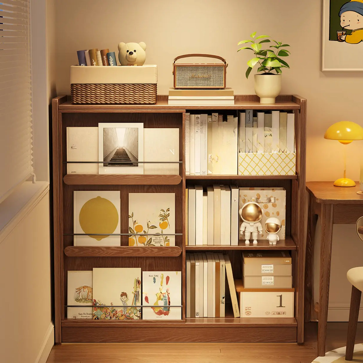 Mid-Century Modern Vertical Wood Sliding Door Tiered Bookshelf Image - 3