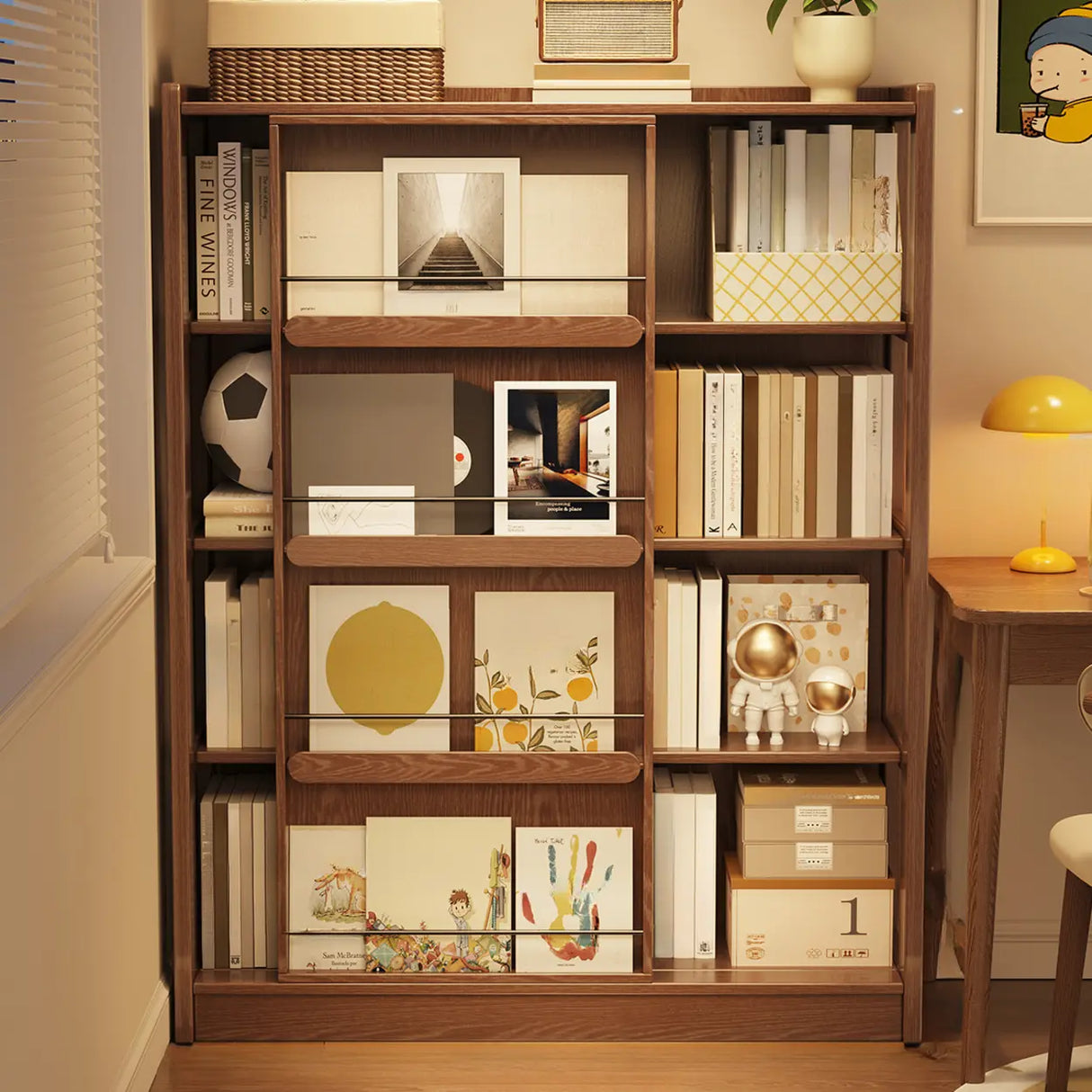 Mid-Century Modern Vertical Wood Sliding Door Tiered Bookshelf Image - 7