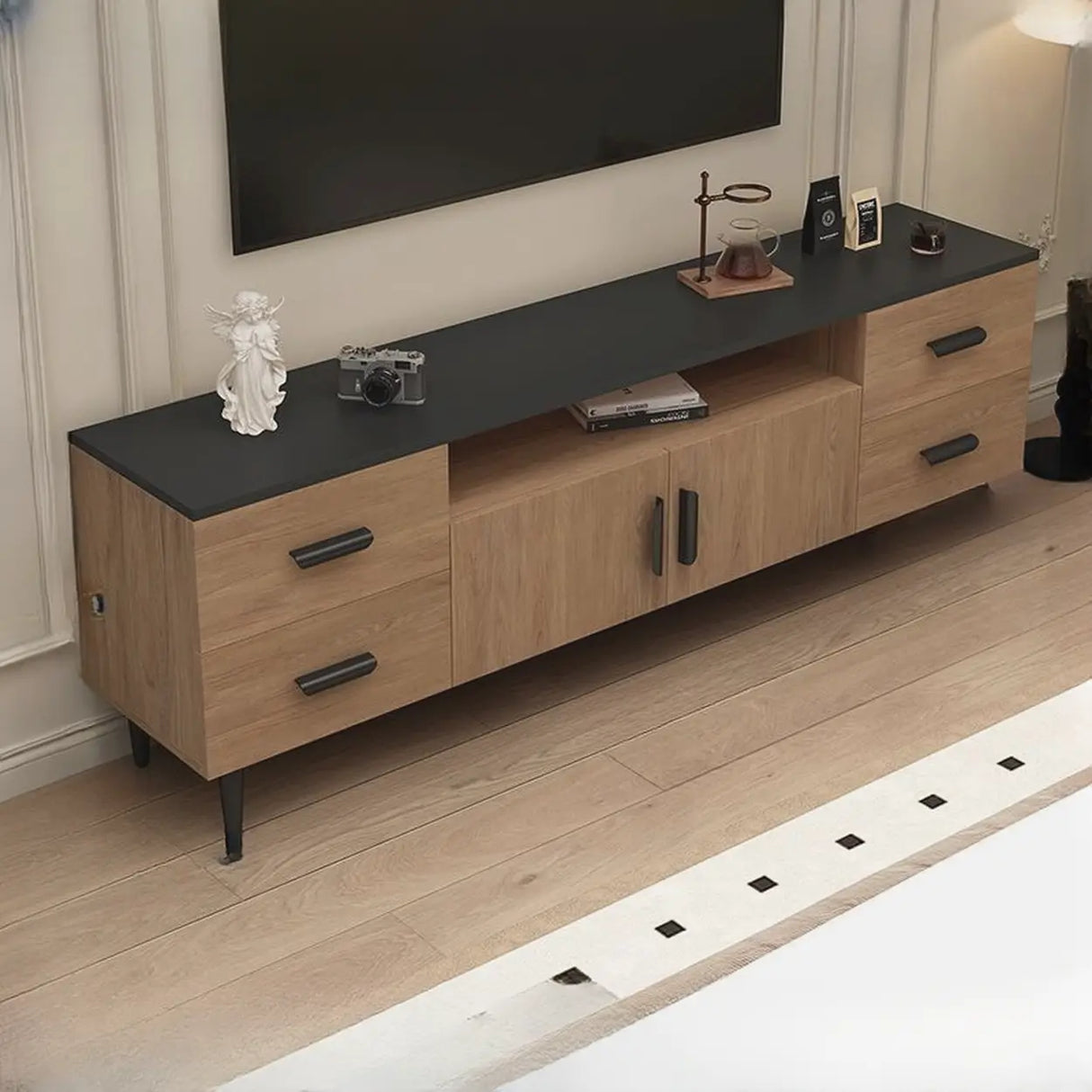 Mid-Century Modern Walnut TV Stand with Black Top Image - 2