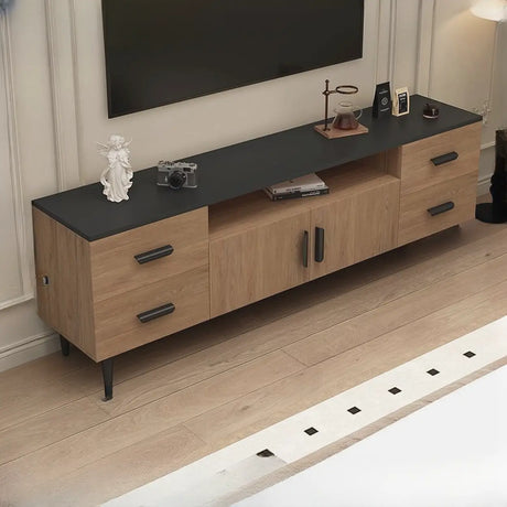 Mid-Century Modern Walnut TV Stand with Black Top Image - 2