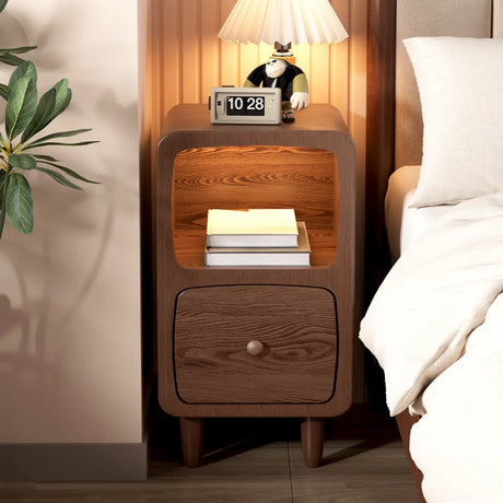 Mid-Century Modern Walnut Wood Nightstand with Drawer & Shelf Image - 1