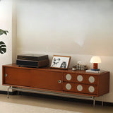 Mid-Century Modern Walnut Wood TV Stand with Sliding Doors Image - 1