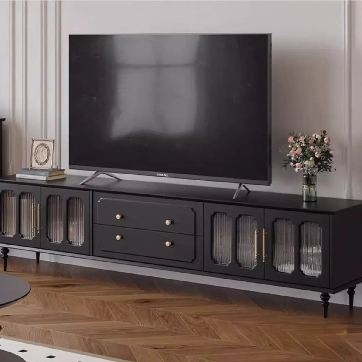 Mid-Century Modern Wood Black Drawers Long TV Stand Image - 4