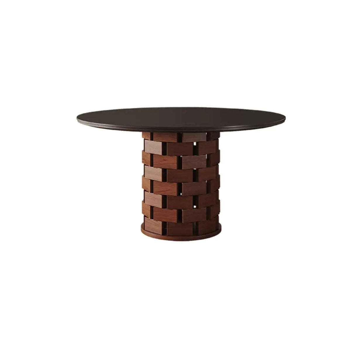 Mid-Century Modern Wood Brick Pedestal Round Dining Table Image - 2