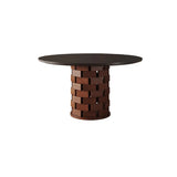 Mid-Century Modern Wood Brick Pedestal Round Dining Table Image - 2