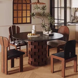 Mid-Century Modern Wood Brick Pedestal Round Dining Table Image - 3