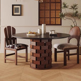 Mid-Century Modern Wood Brick Pedestal Round Dining Table Image - 4