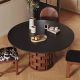 Mid-Century Modern Wood Brick Pedestal Round Dining Table Image - 5