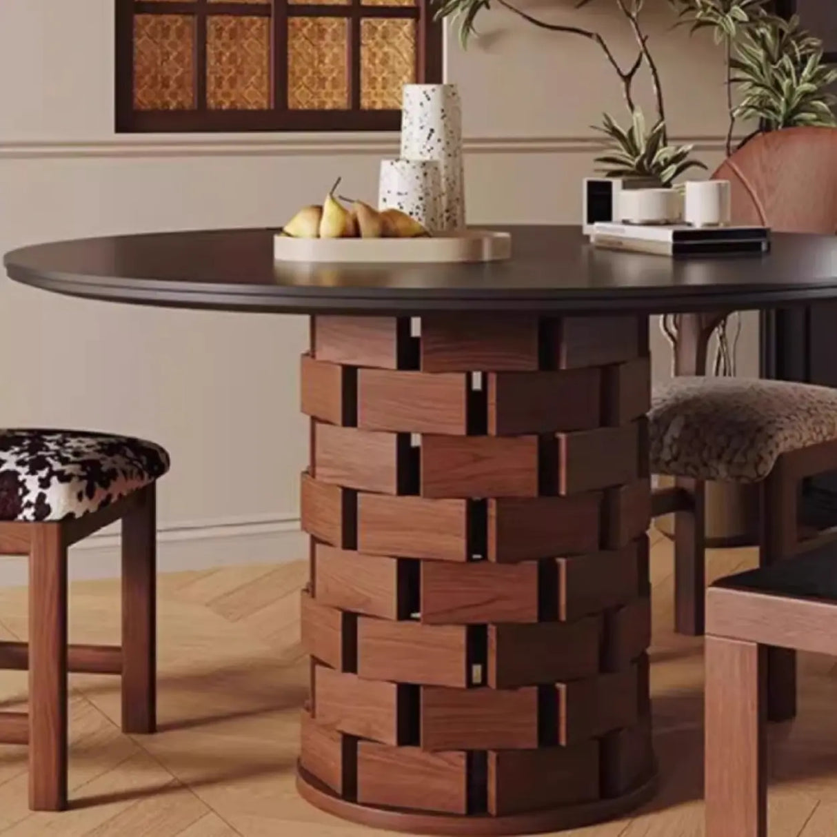 Mid-Century Modern Wood Brick Pedestal Round Dining Table Image - 6