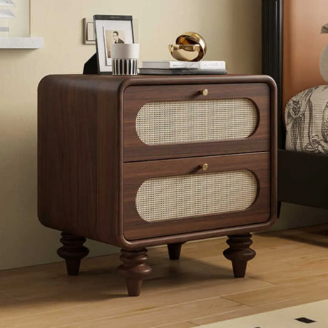 Mid-Century Modern Wood Brown Nightstand with 2 Drawers Image - 1