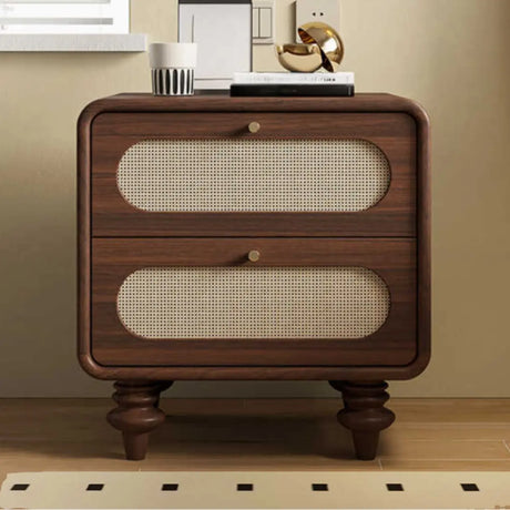 Mid-Century Modern Wood Brown Nightstand with 2 Drawers Image - 2