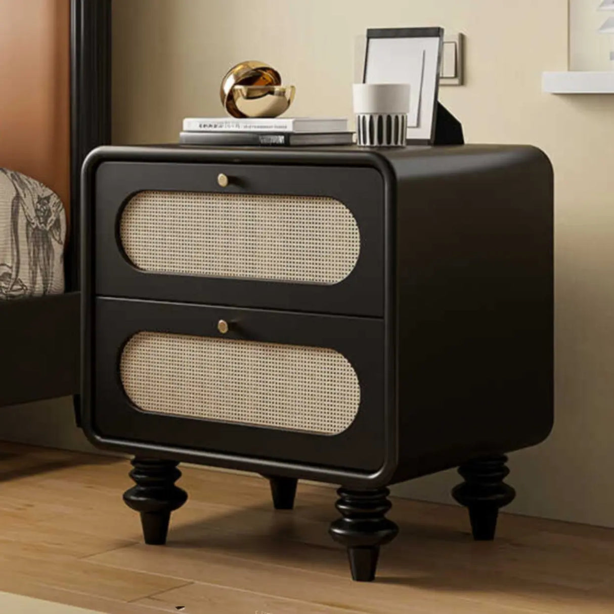 Mid-Century Modern Wood Brown Nightstand with 2 Drawers Image - 3