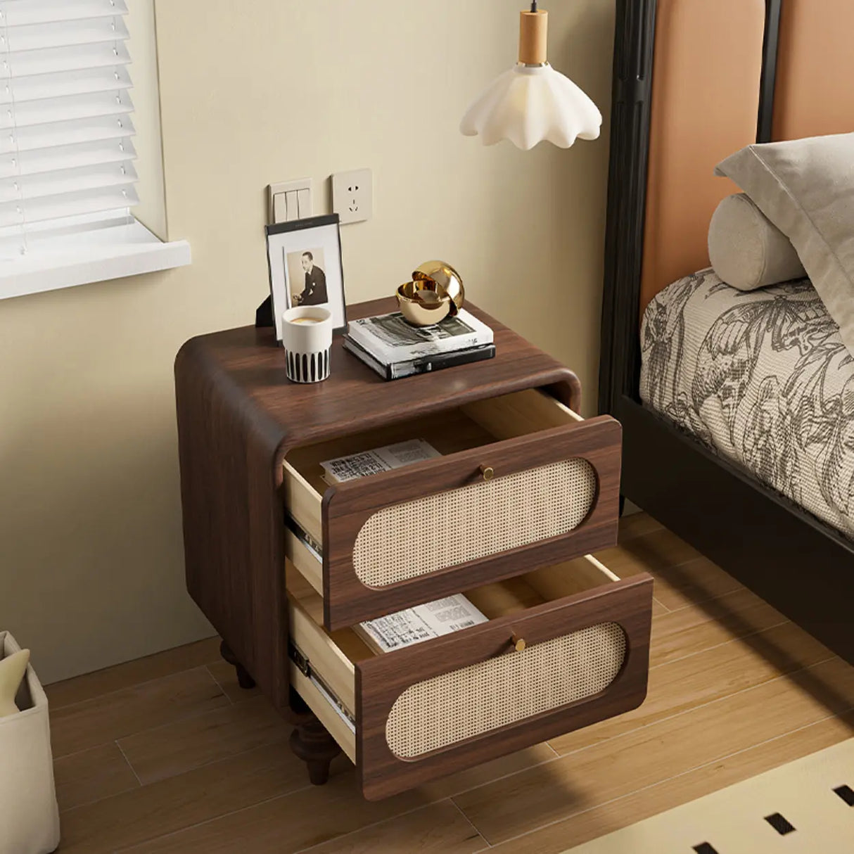 Mid-Century Modern Wood Brown Nightstand with 2 Drawers Image - 4