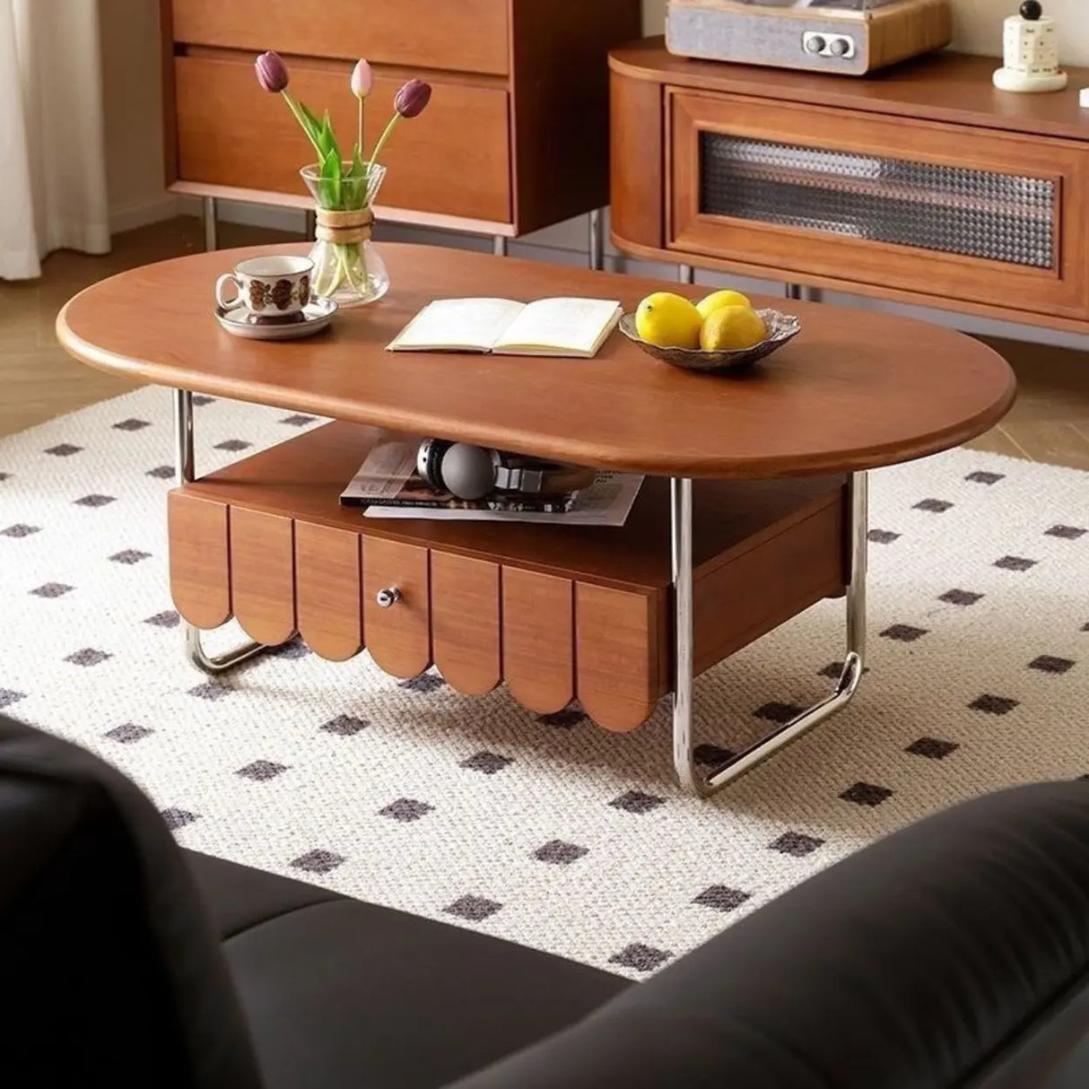 Mid-Century Modern Wood Brown Oval Coffee Table with Drawer Image - 1