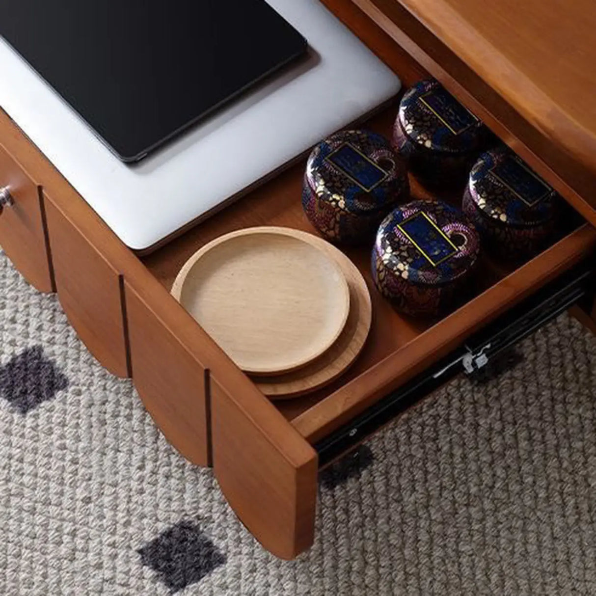 Mid-Century Modern Wood Brown Oval Coffee Table with Drawer Image - 10