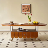 Mid-Century Modern Wood Brown Oval Coffee Table with Drawer Image - 3