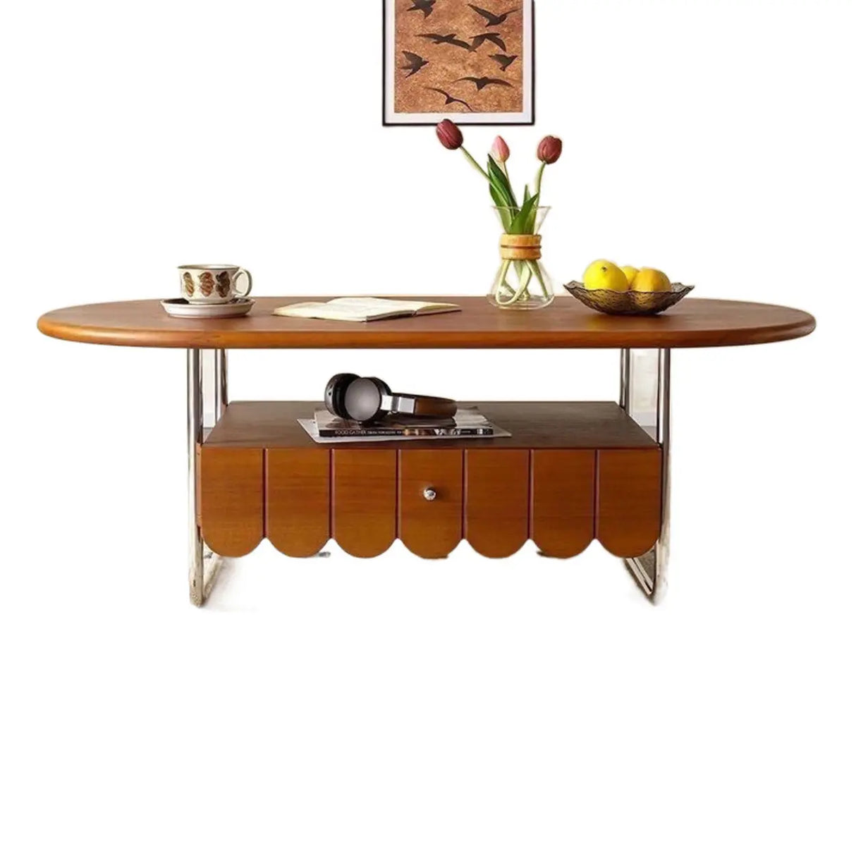 Mid-Century Modern Wood Brown Oval Coffee Table with Drawer Image - 4