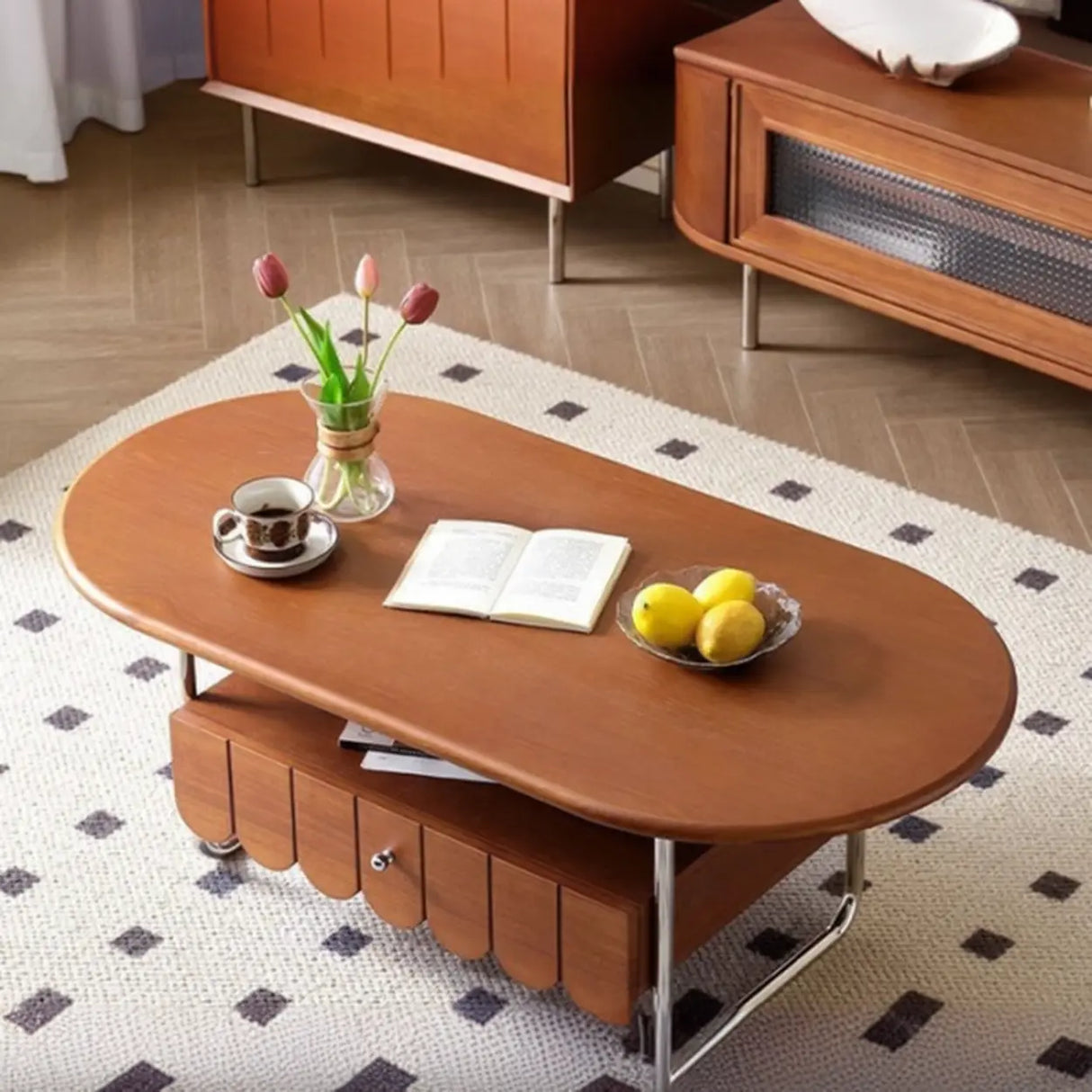 Mid-Century Modern Wood Brown Oval Coffee Table with Drawer Image - 5
