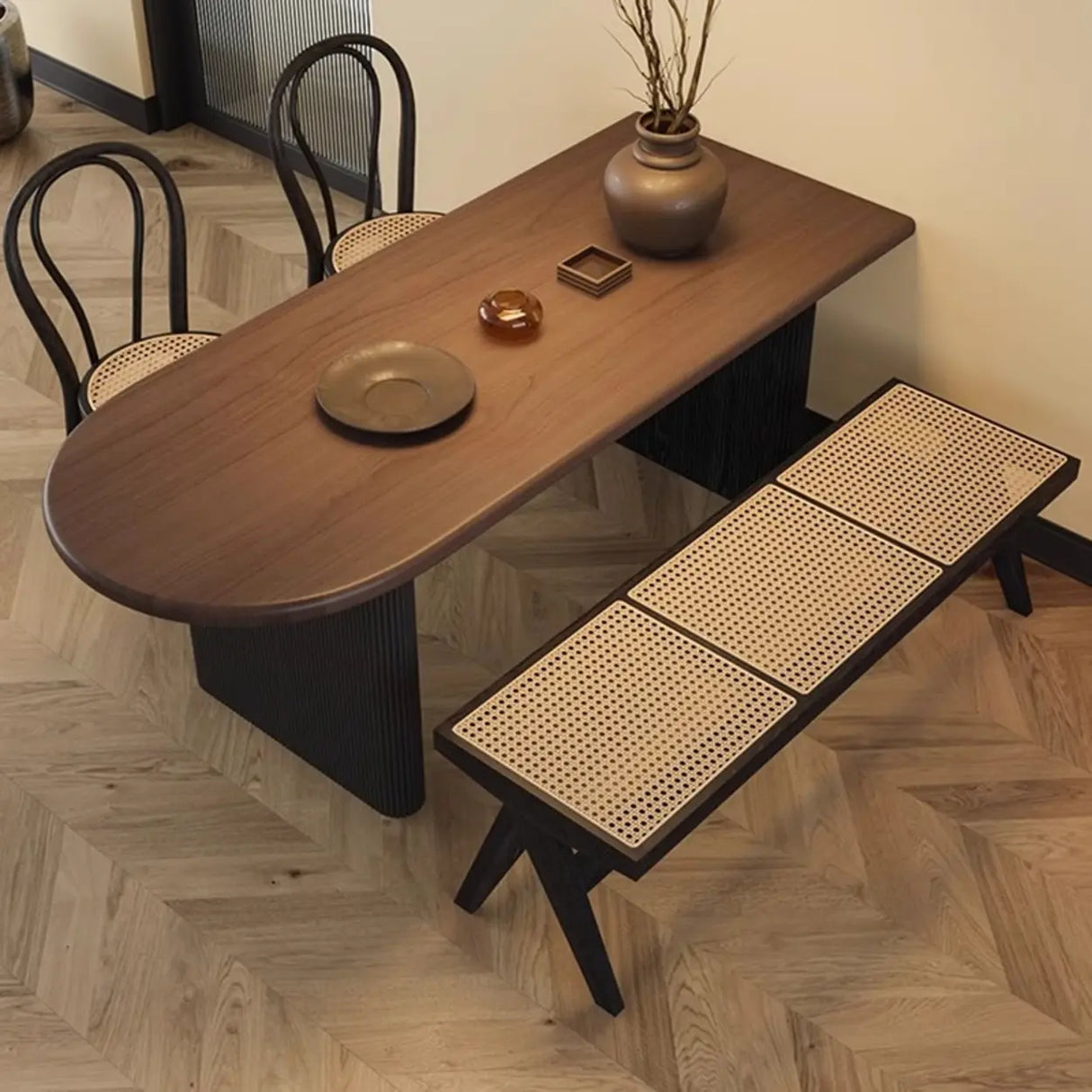 Mid-Century Modern Wood Brown Oval Semicircle Dining Table Image - 1