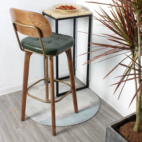 Mid-Century Modern Wood Low Back Leather Tufted Bar Stool Image - 1