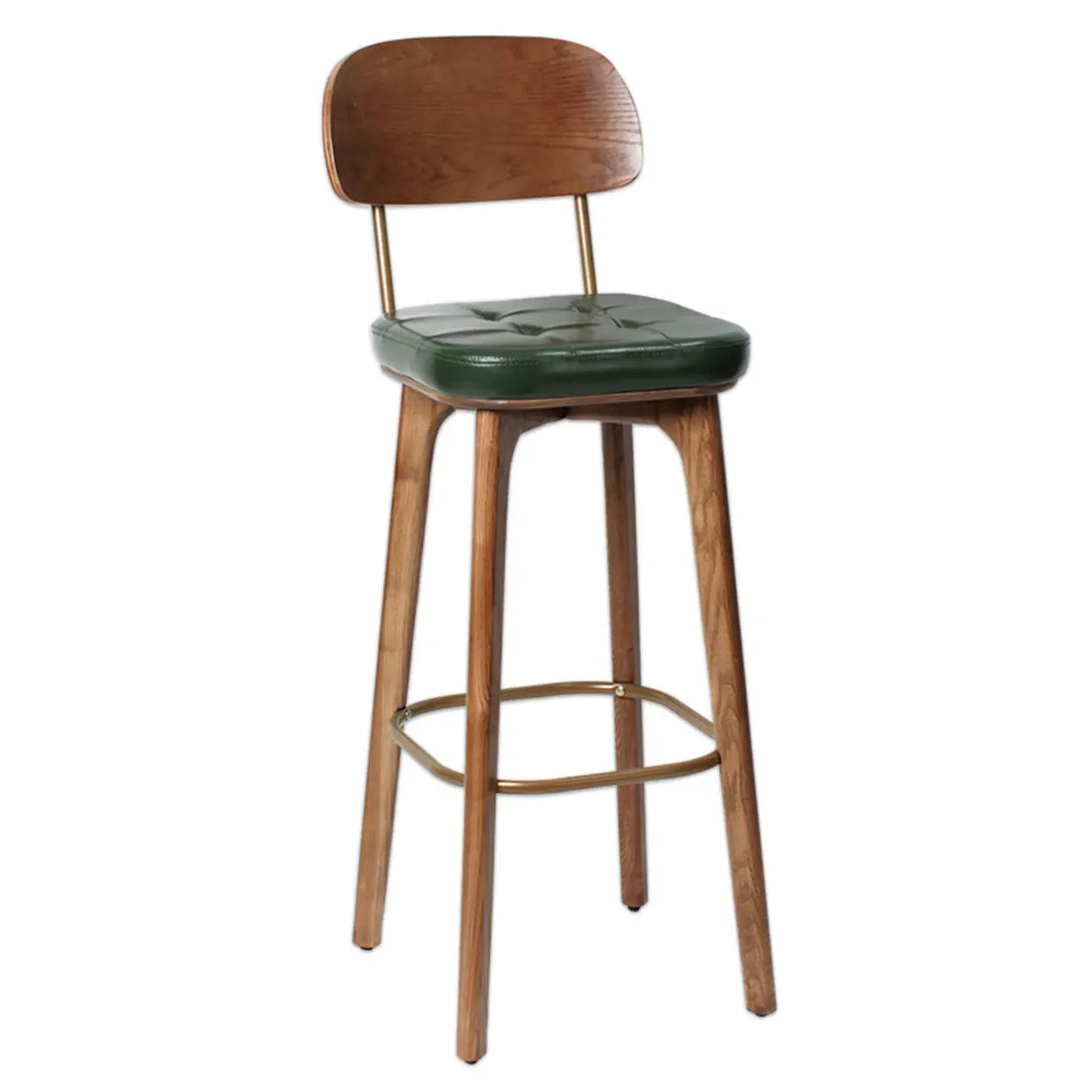 Mid-Century Modern Wood Low Back Leather Tufted Bar Stool Image - 2