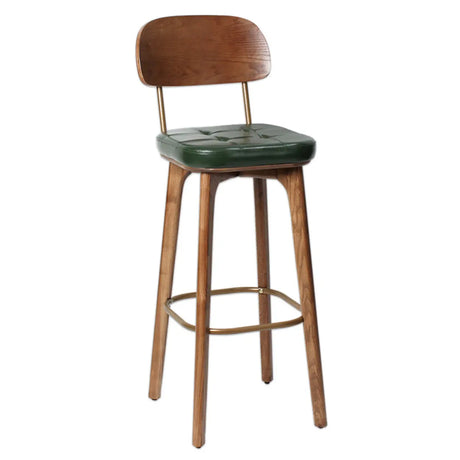 Mid-Century Modern Wood Low Back Leather Tufted Bar Stool Image - 2