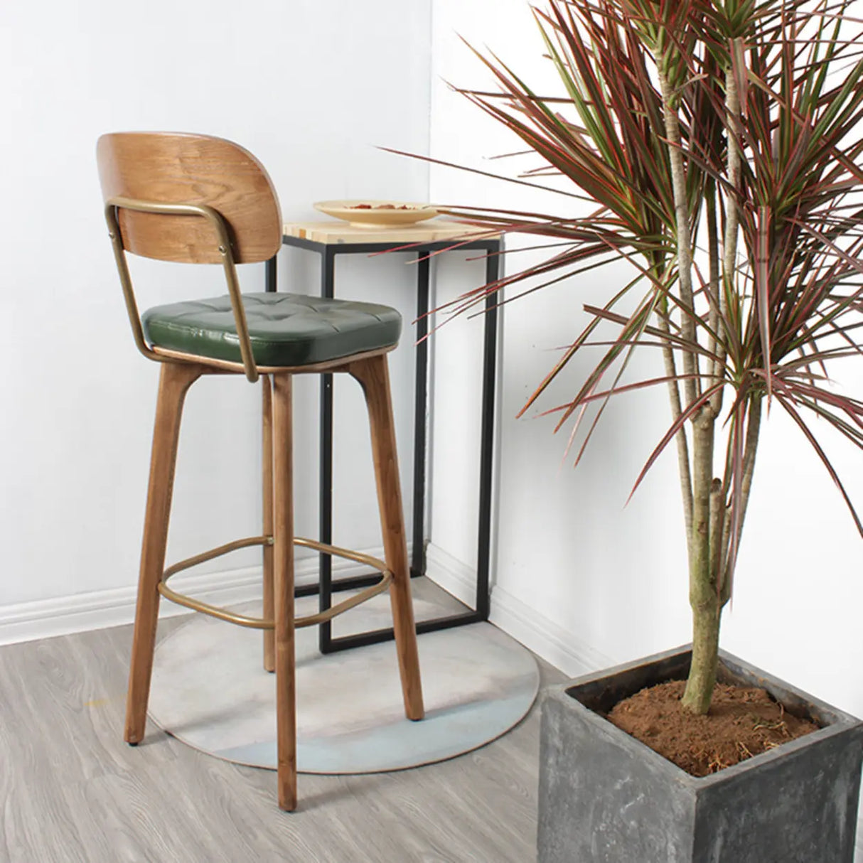 Mid-Century Modern Wood Low Back Leather Tufted Bar Stool Image - 3