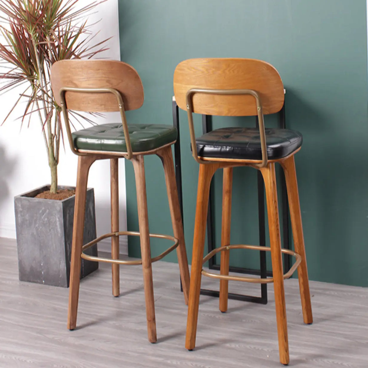 Mid-Century Modern Wood Low Back Leather Tufted Bar Stool Image - 4