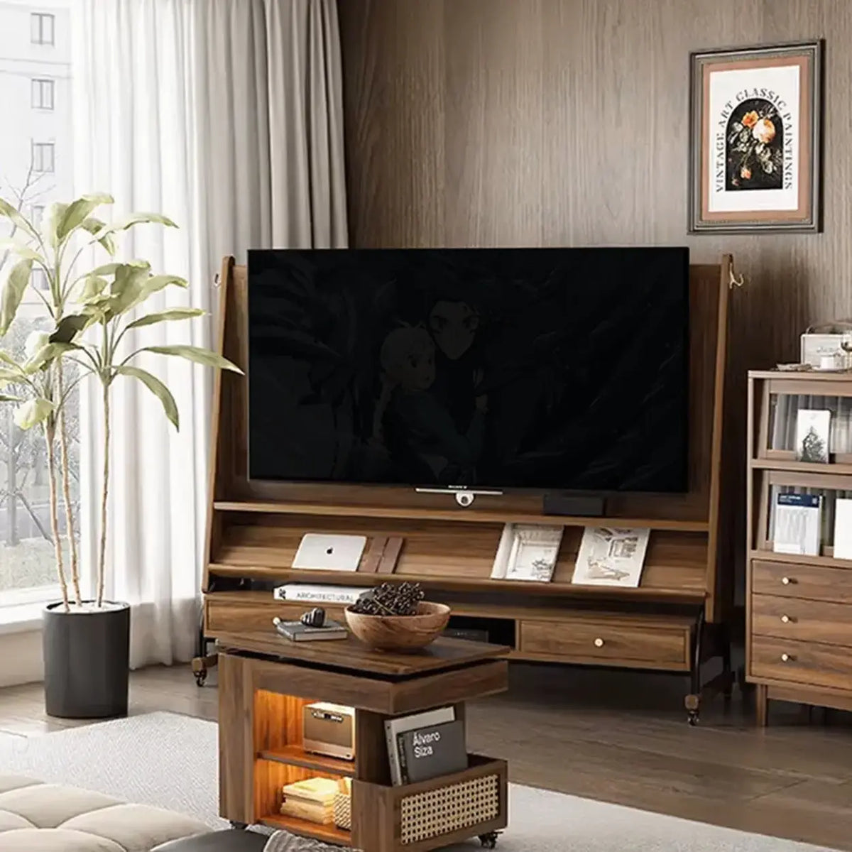 Mid-Century Modern Wood Movable Adjustable TV Mount TV Stand Image - 3