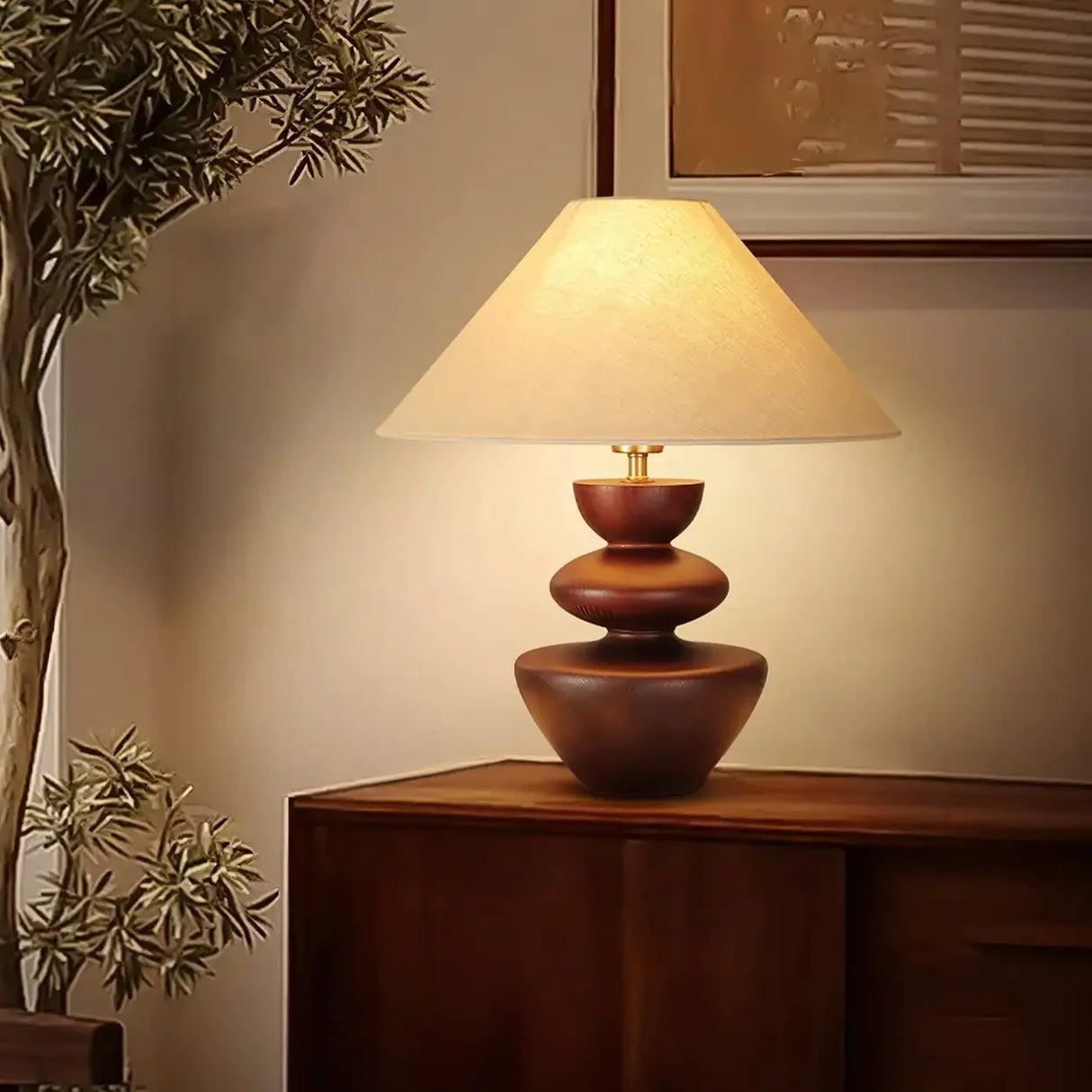 Mid-Century Modern Wood Sculptural Base Beige Cone Table Lamp Image - 1