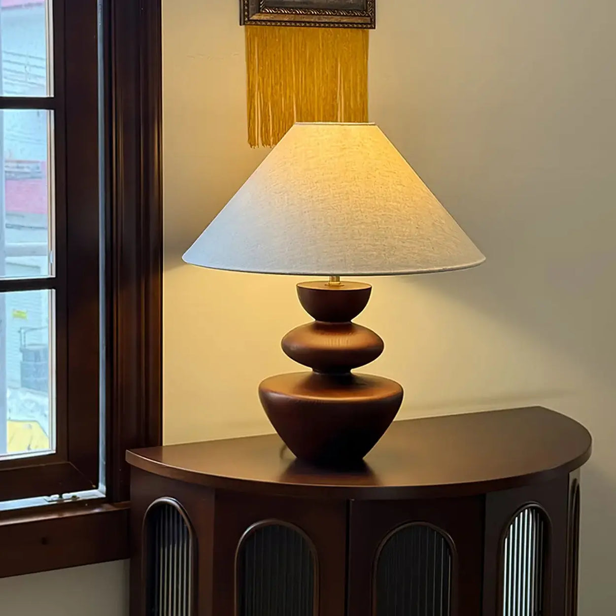 Mid-Century Modern Wood Sculptural Base Beige Cone Table Lamp Image - 5