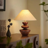 Mid-Century Modern Wood Sculptural Base Beige Cone Table Lamp Image - 6