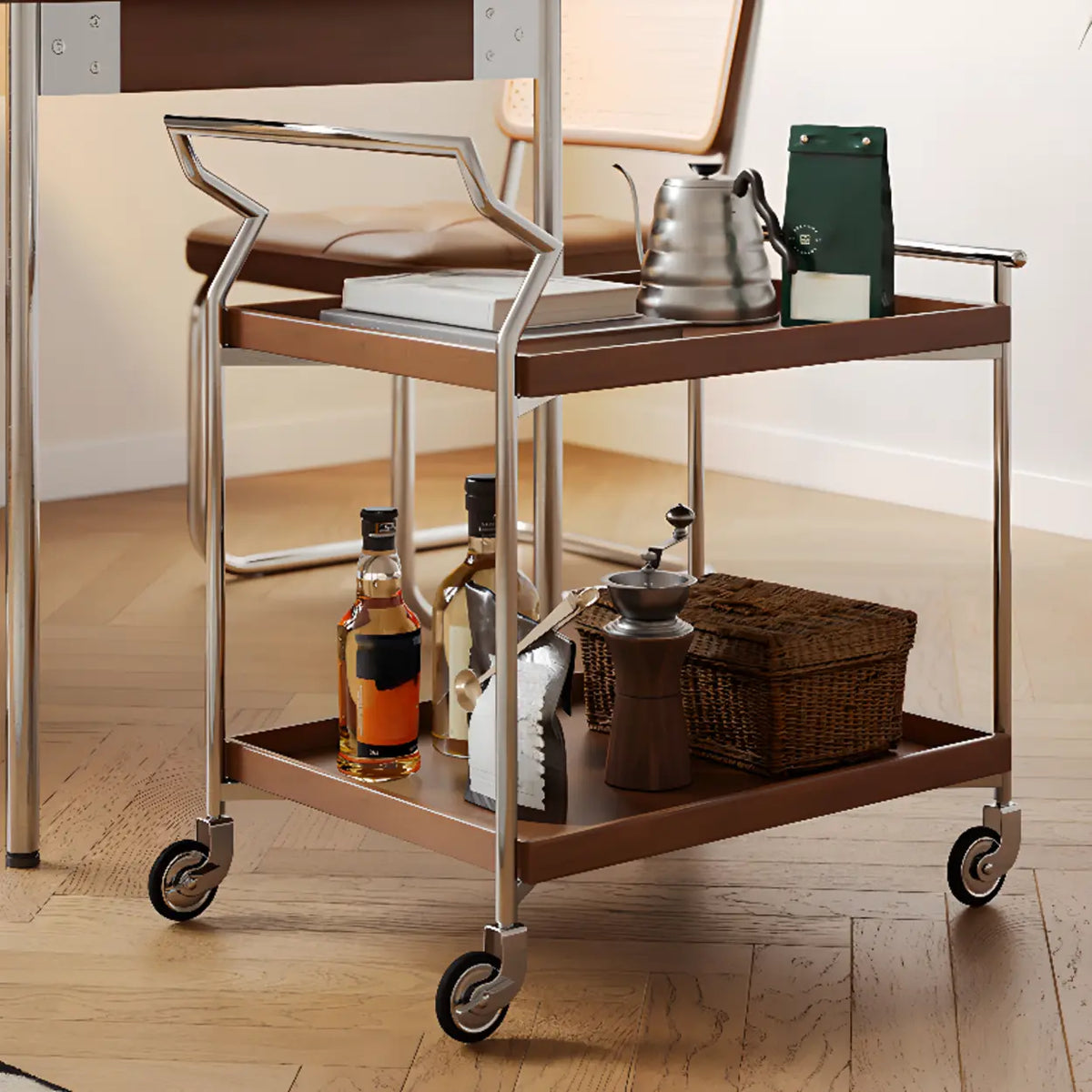 Mid Century Rectangle Wood Cart Stainless Steel End Table – Homebaa