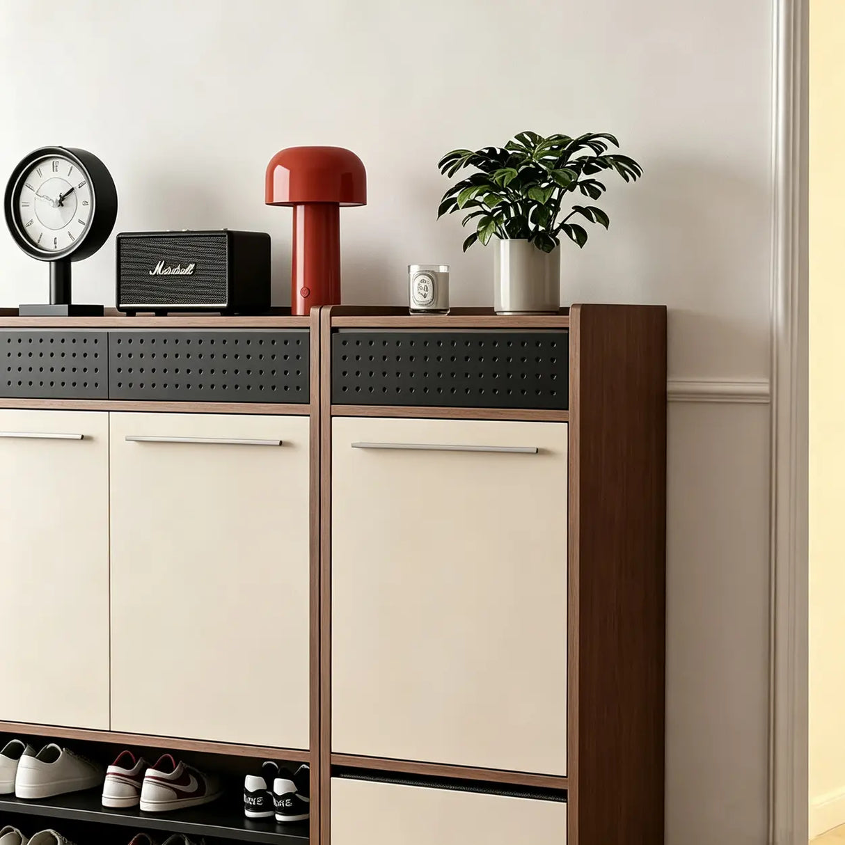 Mid-century style wall-mounted shoe cabinet and storage unit for the entryway. Image - 4