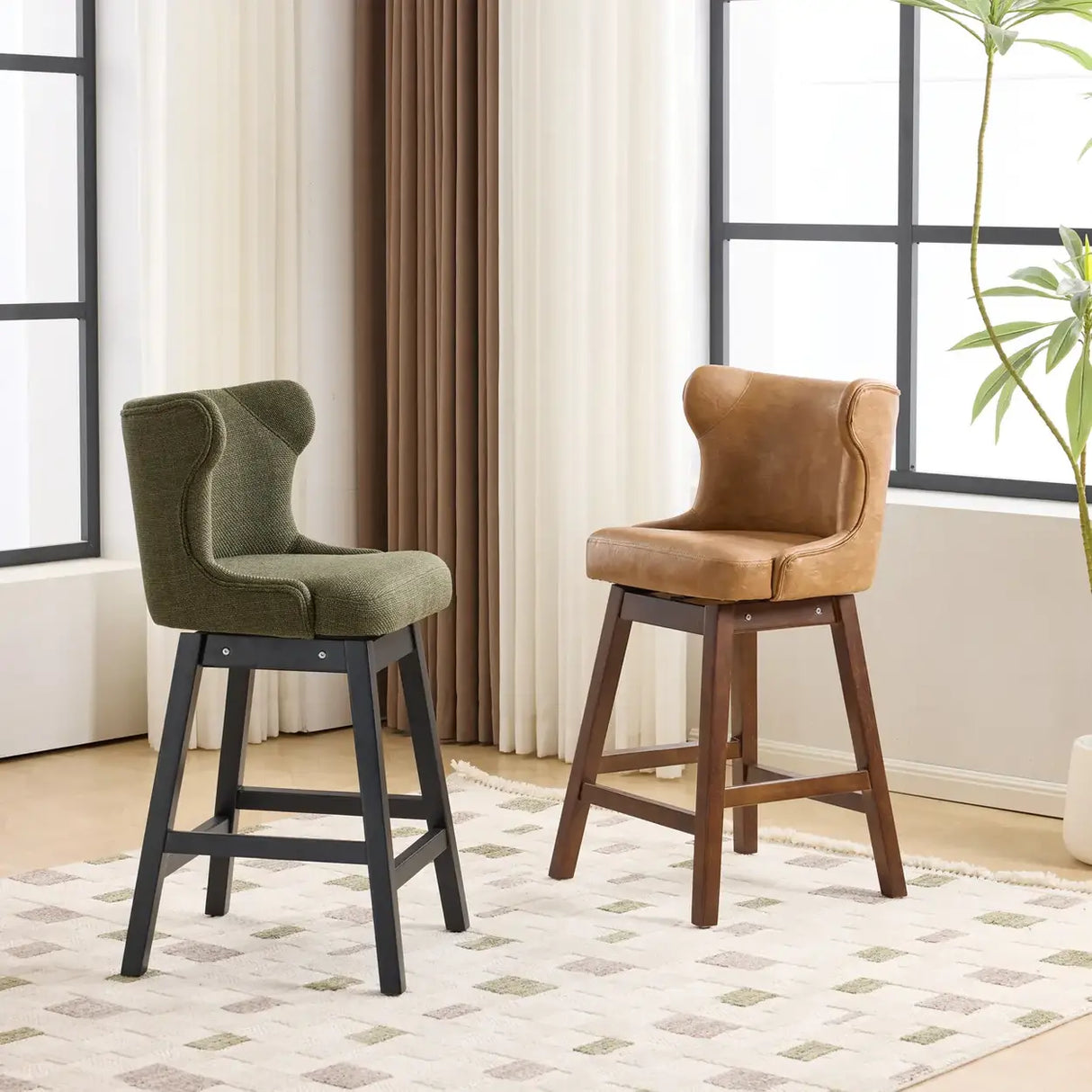 Mid-Century Upholstered Swivel Wingback Bar Stools Set of 2 Image - 4