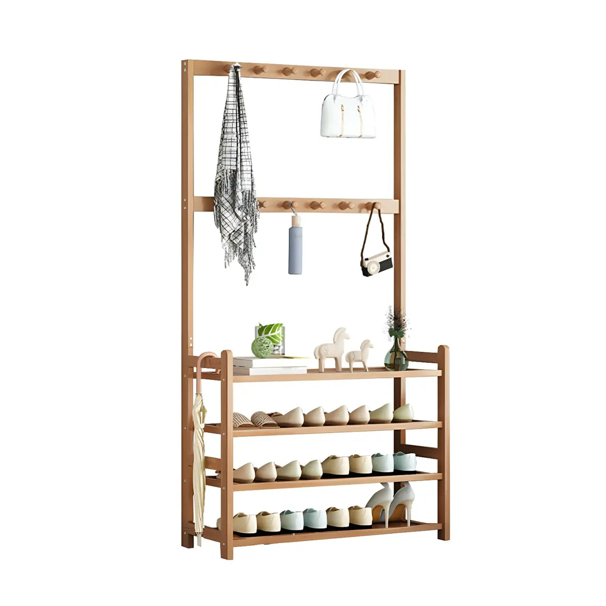 Minimalist Bamboo Garment Coat Rack with Shelves and Hooks Image - 18