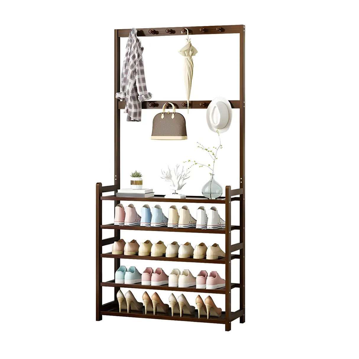 Minimalist Bamboo Garment Coat Rack with Shelves and Hooks Image - 20